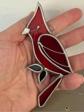 Stained Glass Cardinal Bird Suncatcher Window Leaded Red Bird Green Leaves Cute